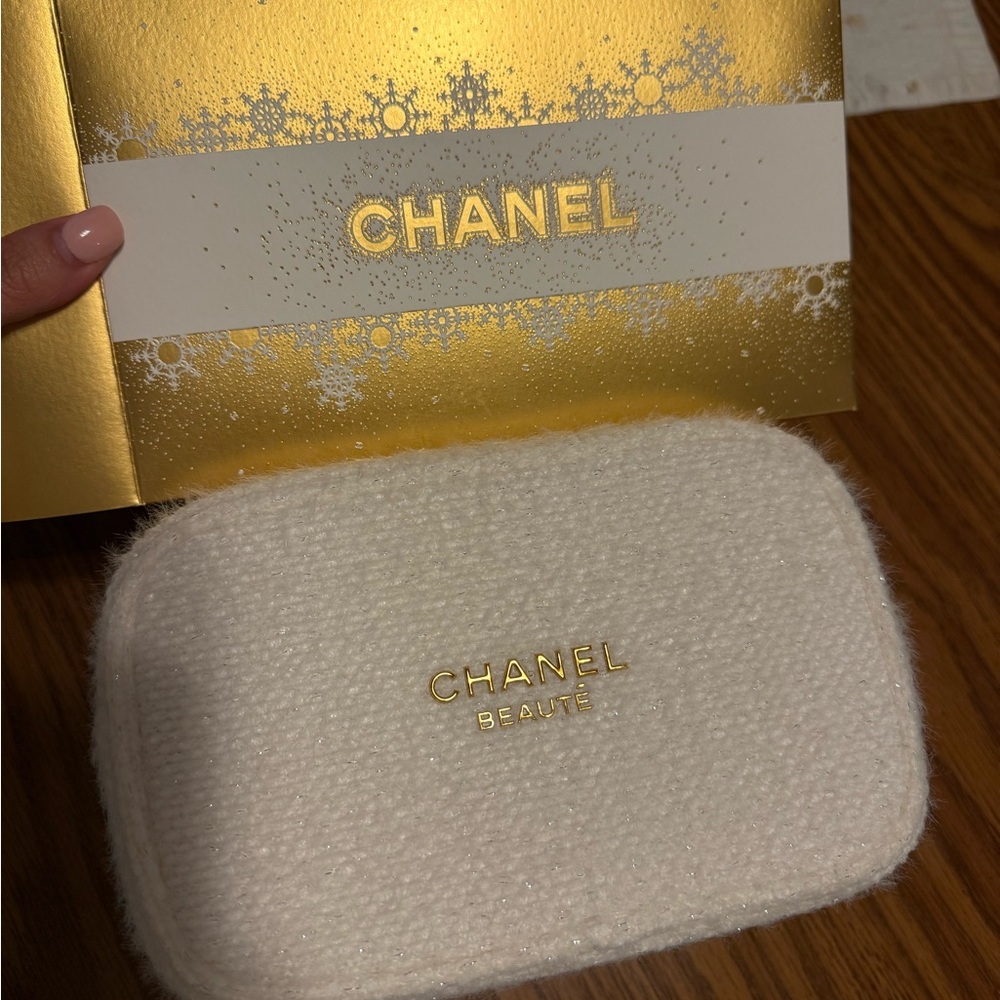 Chanel Cream Textured Pouch with Gold Logo